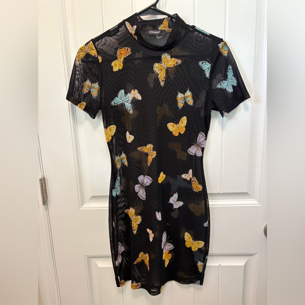 Obsessed Boutique Black Sheer Dress with Butterfly Print. Size Small.
